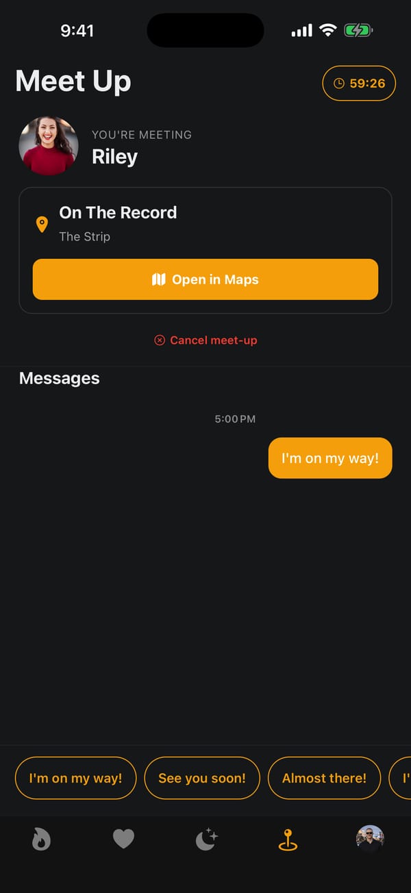 The Spot's Meet Up tab with a pinned location