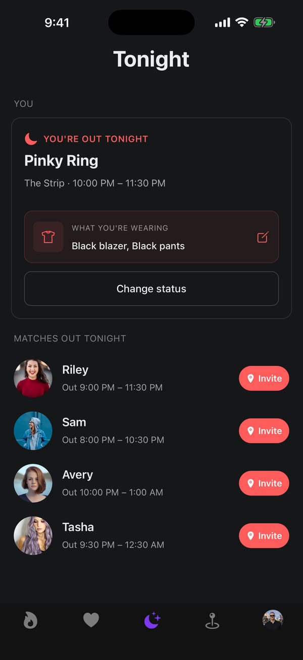 The Spot's Tonight tab showing matches who are out
